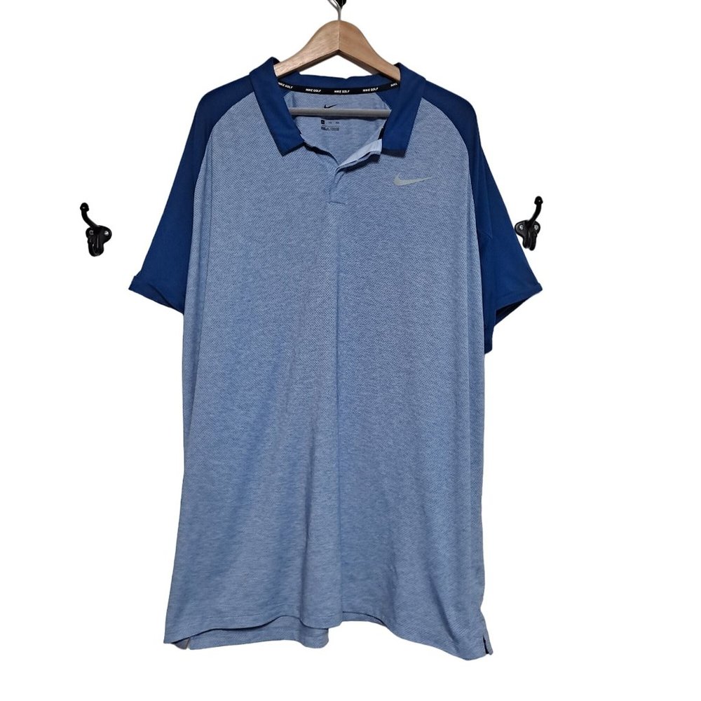 Nike Dri Fit Shirt Men Size 2XL Raglan Polo Short Sleeve Button Collar Golf Blue